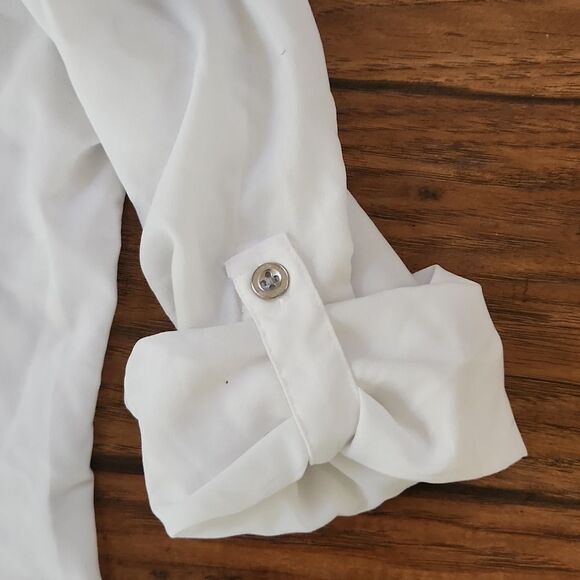 Calvin Klein women's small/petite white button front blouse adjustable sleeves - Picture 2 of 7